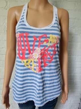 No Boundaries Blue & White Striped Racerback Tank with Coral and Yellow Graphic